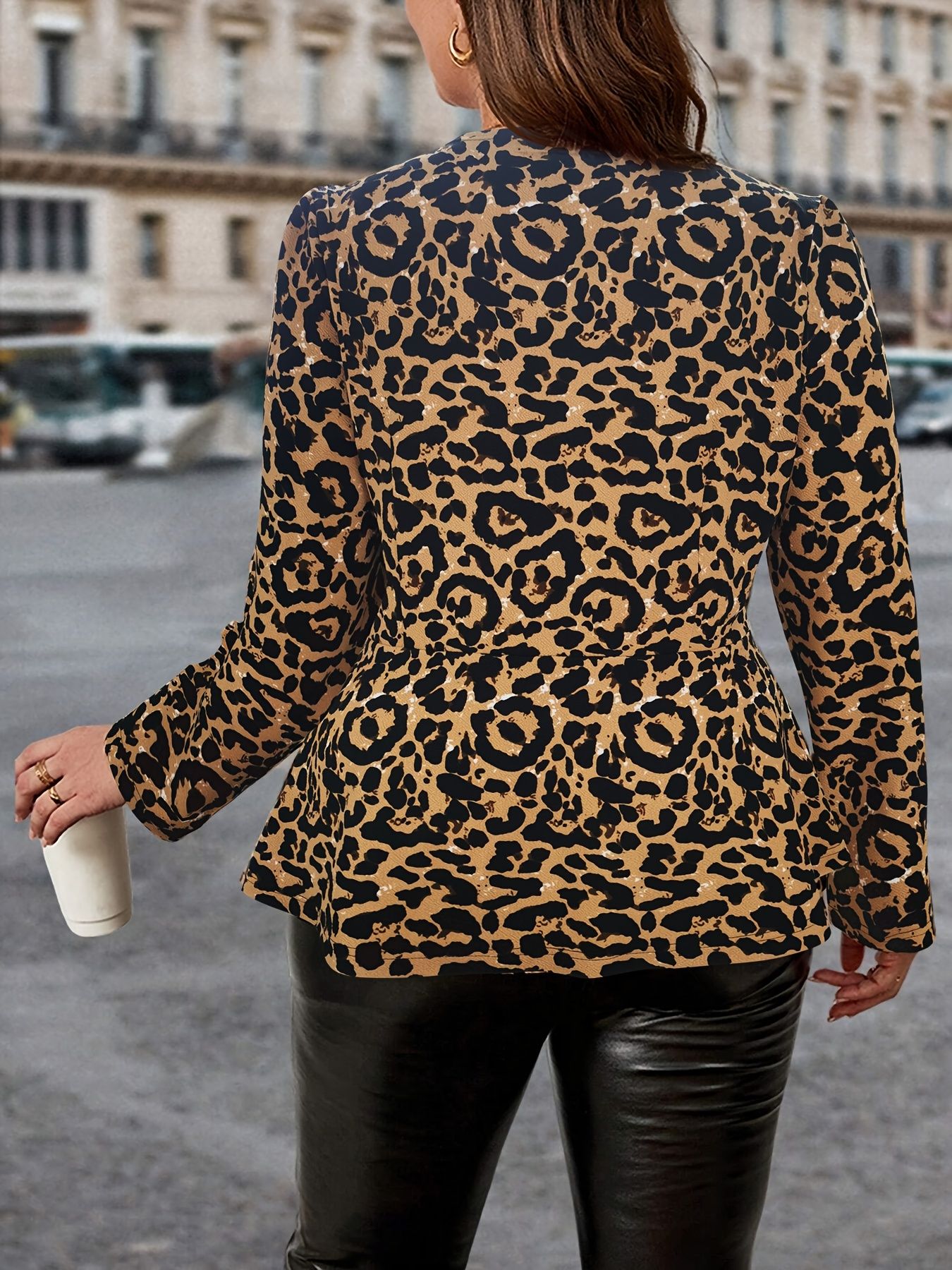 Plus size women's leopard print open top jacket