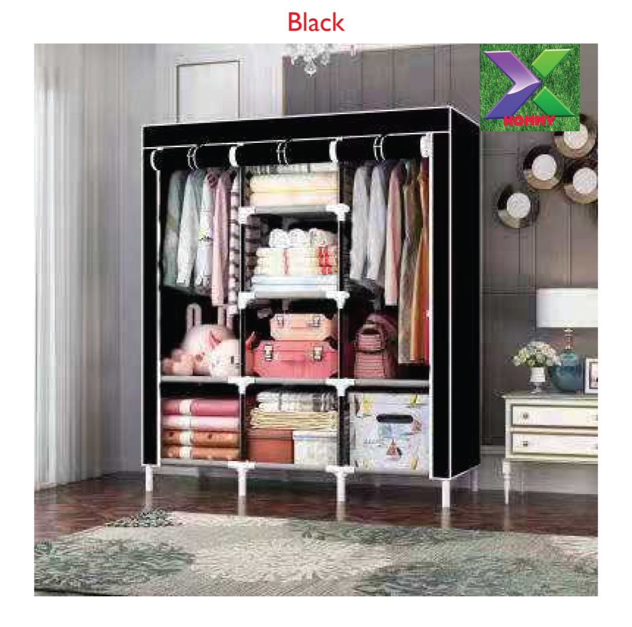 (FREE GIFT)Hommy brand  3 Columns mettalic wardrobe large Assemble Closets Portable Home Storage Metallic Portable Cloth Wardrobe for Hanging Clothes with 2 Hanging Rods mettalic wadrob