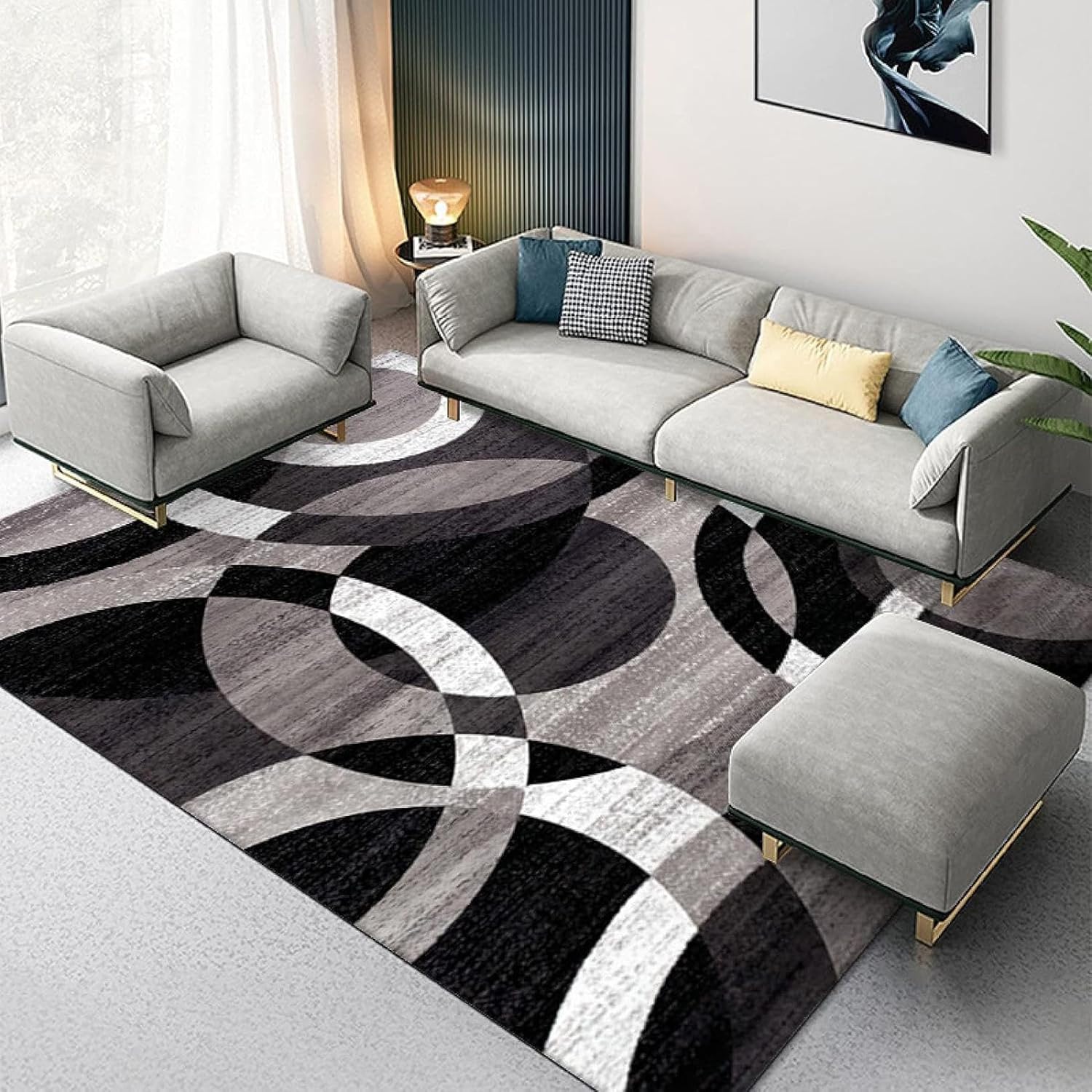 5 by 8 Modern Rugs Living Room Large 3D Printing Geometric  Anti slip Exquisite Black Carpets