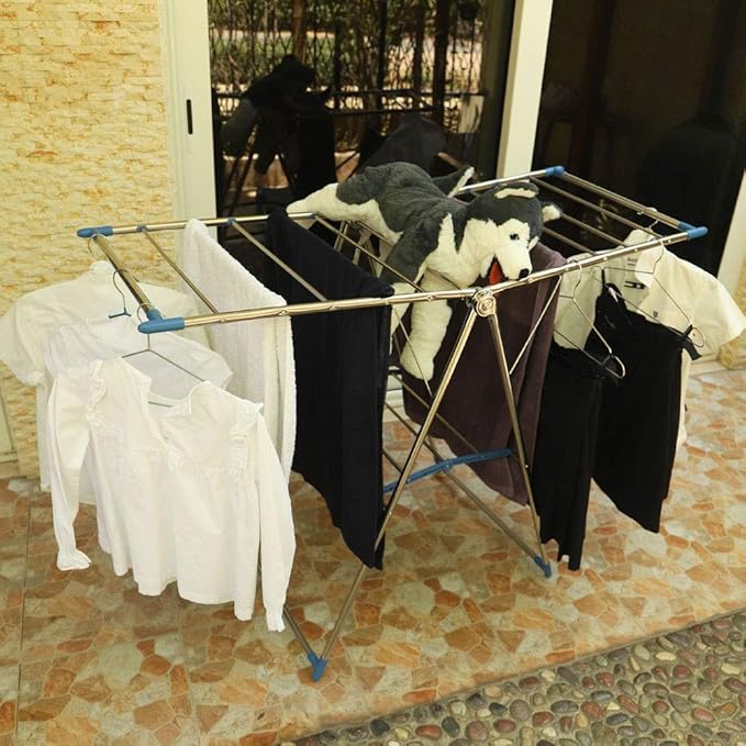 Metal Foldable Laundry Drying Clothes Rack Heavy Duty Clothing Horse Garment Dryer Stand Airer Laundry Stand Drying Hanger Rack For Clothing & Bed Linen Clothes Airer Indoor Outdoor Laundry Rack