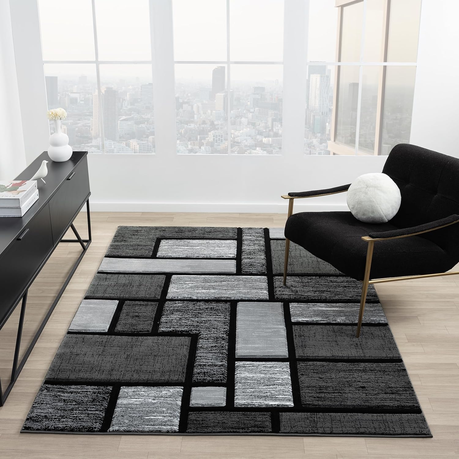 Hommybrand 7 by 8 HD carpets Modern Rugs Living Room Large 3D Printing Geometric  Anti slip Exquisite Black Carpets