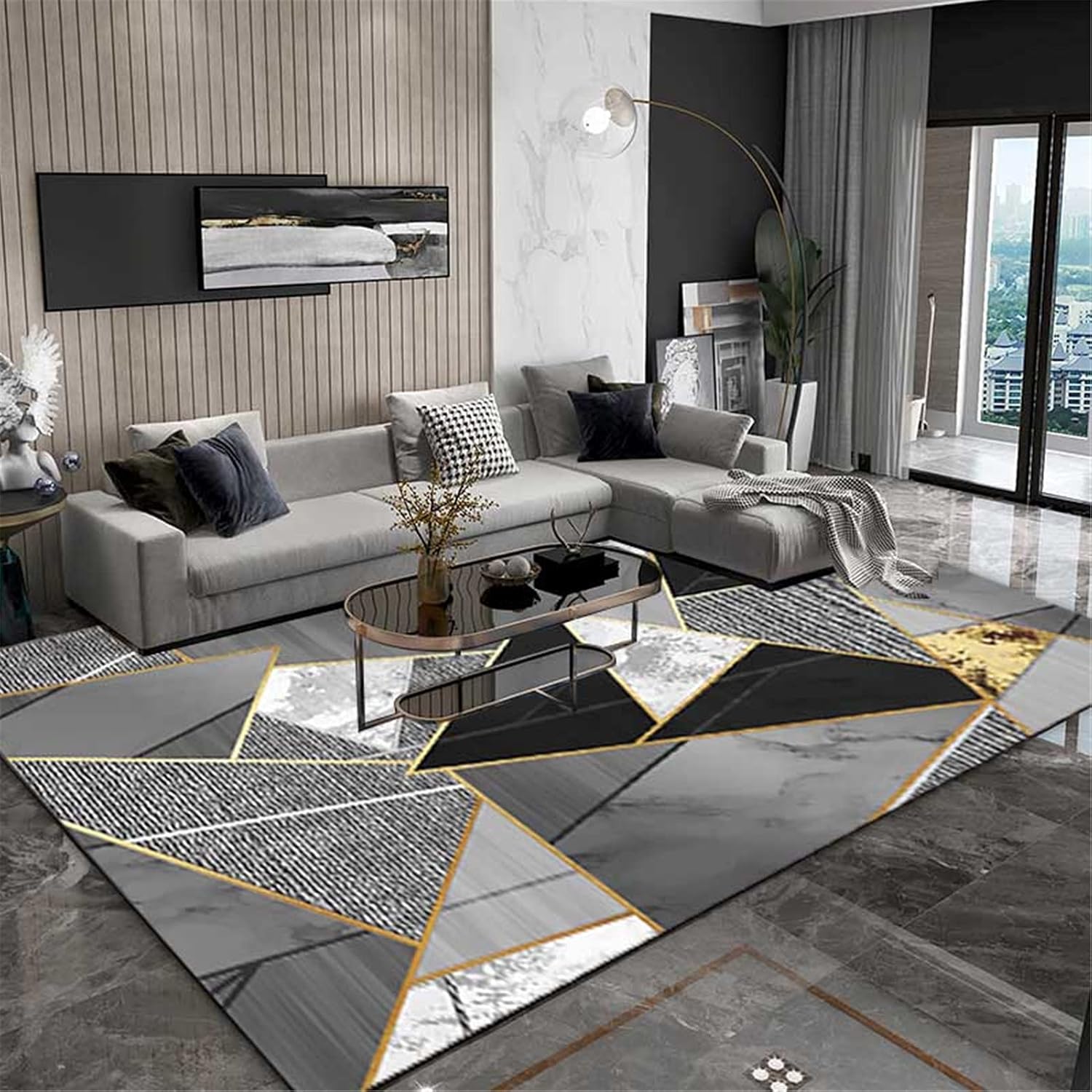 Hommybrand 7 by 8 HD carpets Modern Rugs Living Room Large 3D Printing Geometric  Anti slip Exquisite Black Carpets