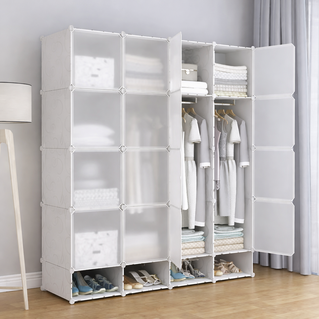 Portable 4-Column Plastic Wardrobe Keep your clothes well organized with the Portable 4-Column Plastic Wardrobe, a spacious and modern storage solution designed for homes with limited space. With mult