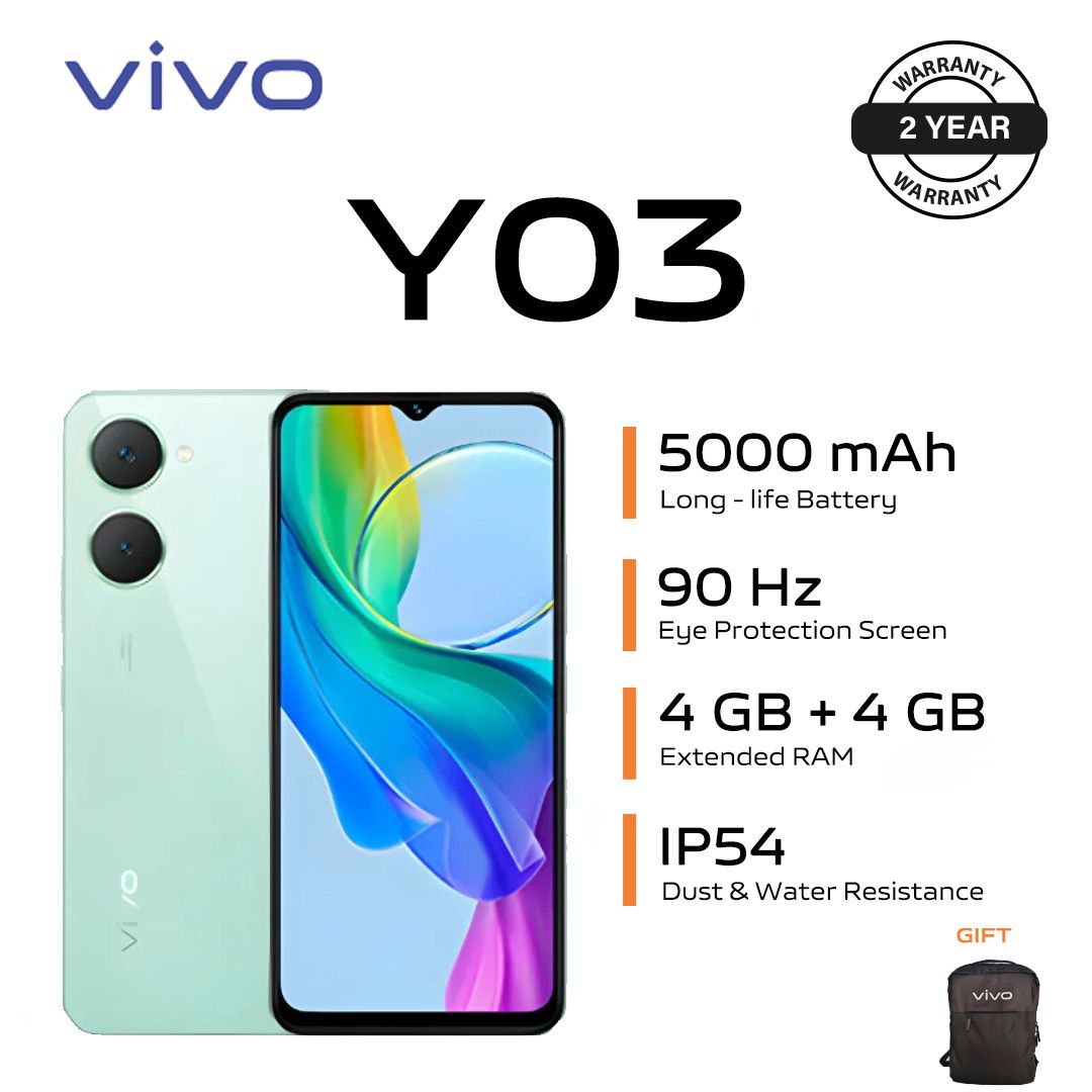 Brand New Smart Phone vivo Y03 - 6.56'' - 4GB RAM + 128GB ROM - Dual SIM - 5000mAh - Gem Green 2YRs WRTY