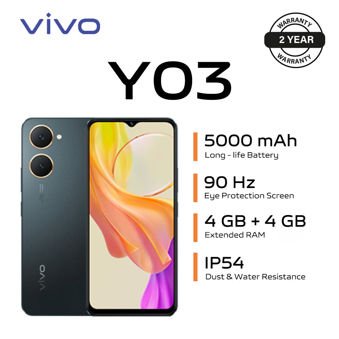 [Exclusive Discount] Brand New Smart Phone  vivo Y03 - 6.56'' - 4GB RAM + 64GB ROM - Dual SIM - 5000mAh IP54 dust protected and water resistant-Android 14- Space Black 2YRs WRTY