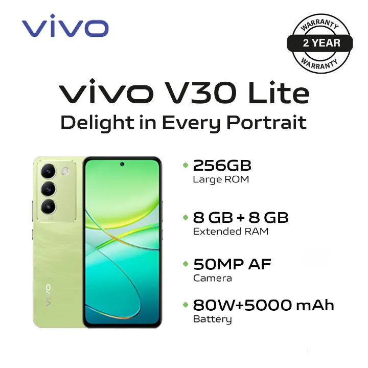 [Exclusive Discount] Promotion Brand New  Smart Phone, vivo V30 Lite - 6.67'', 8GB RAM + 256GB ROM  (Dual SIM) 5000mAh 80W  Fast Charging Fingerprint Sensor Android 14-Breeze Green 2YRs WRTY