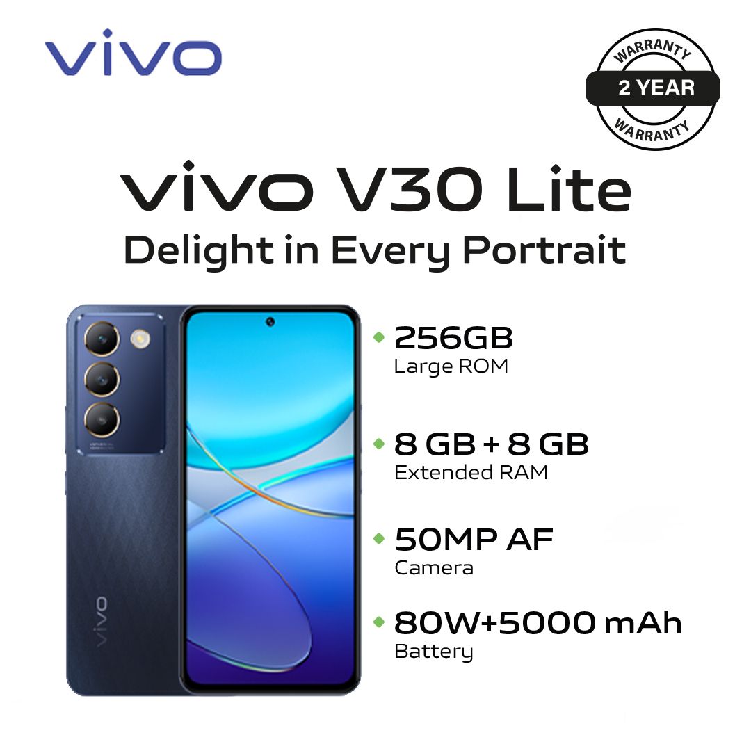 [Exclusive Discount] Brand New Smart Phone vivo V30 Lite - 6.67'', 8GB RAM + 256GB ROM - (Dual SIM) - 5000mAh - Android 13 Fingerprint Sensors Crystal Black  2YRs WRTYWRNTY
