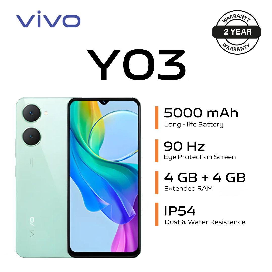 [Exclusive Discount] New Year Promotion Brand New Smart Phone vivo Y03 - 6.56'' - 4GB RAM + 64GB ROM - Dual SIM -	Android 14 Battery 5000mAh -  IP54 dust protected and water resistGem Green  2YRs WRTY