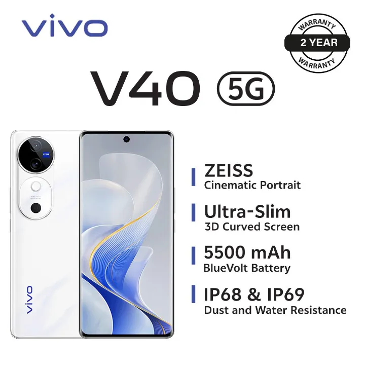 [Official]  Brand New Smart Phone,vivo V40 - 6.78" - 12RAM + 256GB (Dual SIM) Zeiss optics Battery 5500mAh Fast charging 80W, Fingerprint Sensorsh- Silver -2YRS WRNTY