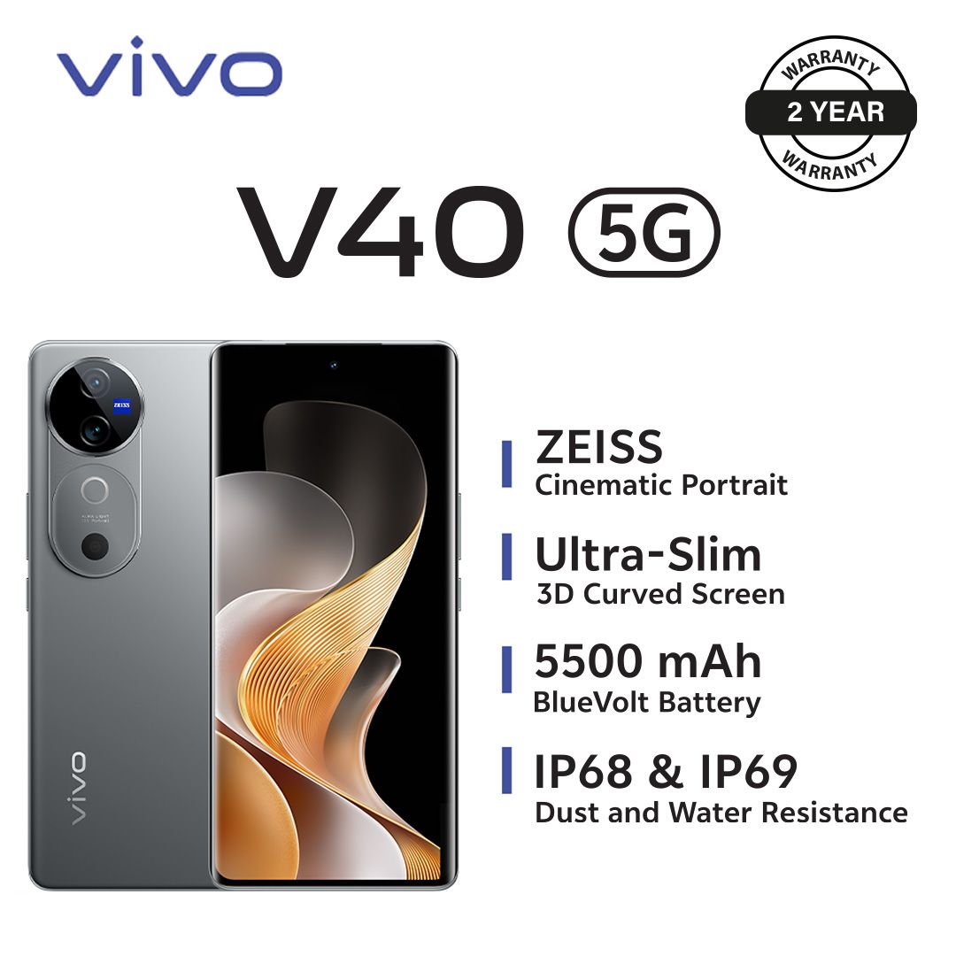 [Exclusive Discount]  Brand New Smart Phone,vivo V40 5G - 6.78" - 12RAM + 256GB (Dual SIM) Zeiss optics, Battery 5500mA Fast charging 80W, Fingerprint Sensors 2YRS WRTYh- Silver
