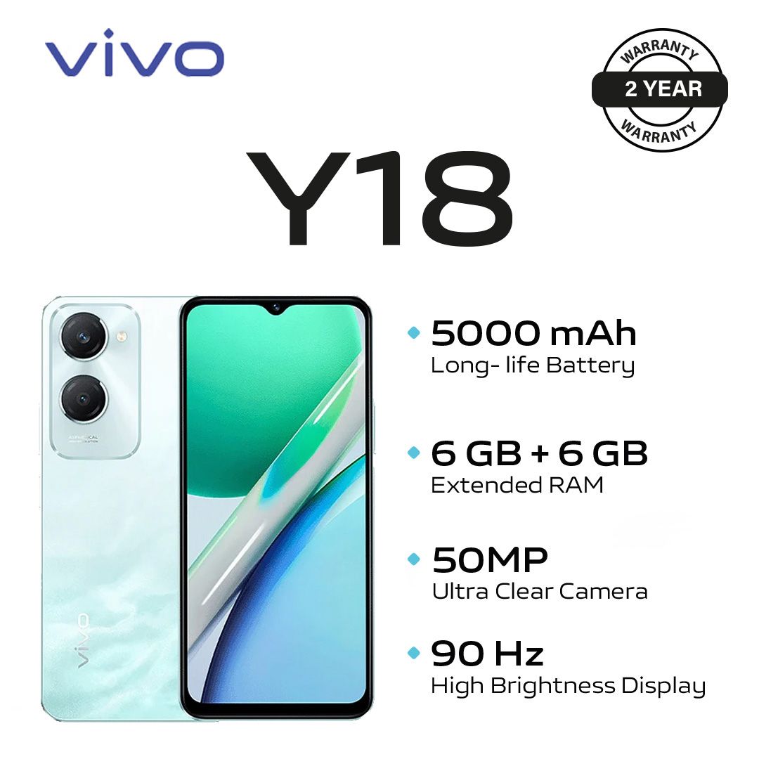 Tech Week Promotion Brand New Phone, Smart Phone,Vivo Y18 -6.56'' - 6GB RAM + 128GB -(Dual Sim) - 5000mAh - Mocha Brown and Wave Aqua 2YRs