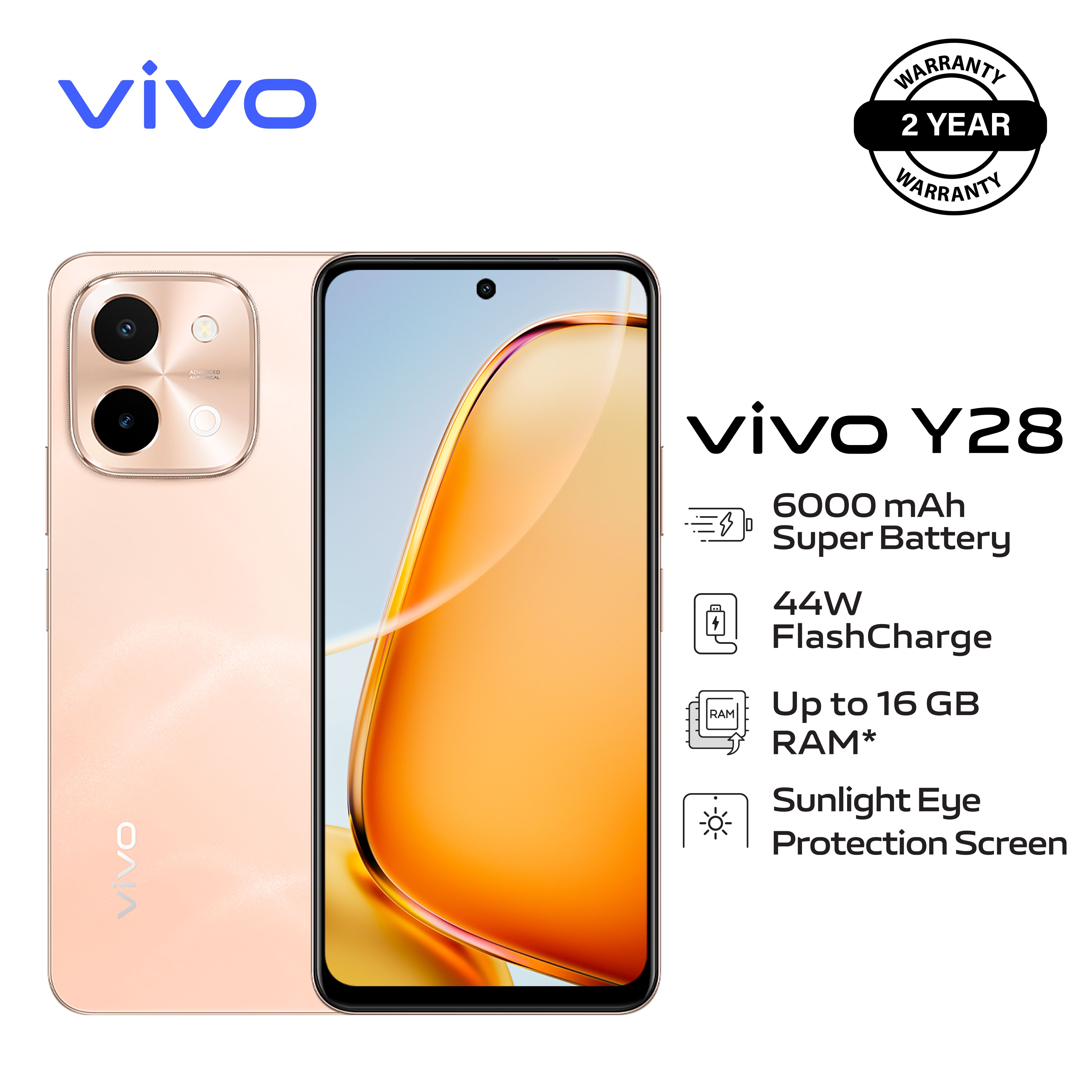 [Exclusive Discount] Brand New Smart Phone,vivo Y28 - 6.64" - 8+8GB RAM + 128GB (Dual SIM) 6000mAh Android 13 Fingerprint (side-mounted),-Gleaming Orange 2yrs WRANTY
