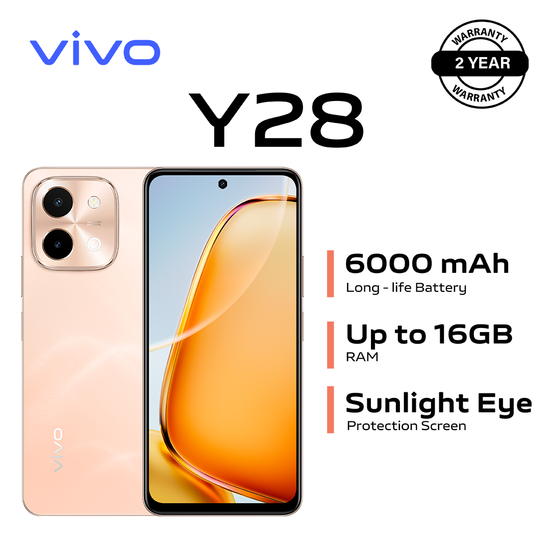[Exclusive Discount] Brand New Smart Phone,vivo Y28 - 6.64" - 8+8GB RAM + 128GB (Dual SIM) 6000mAh Android 13 Fingerprint (side-mounted),-Gleaming Orange 2yrs WRANTY