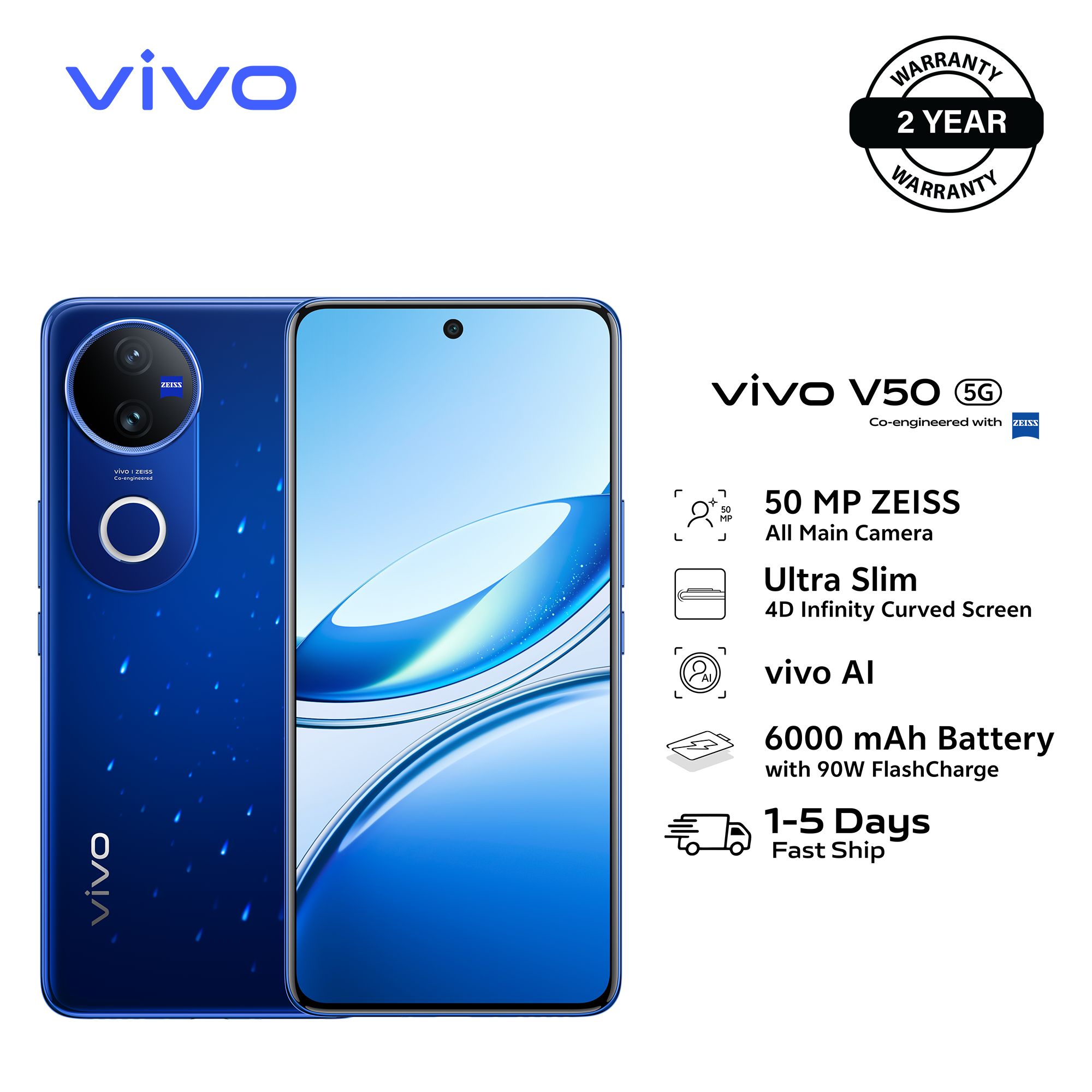 New Arrival  Brand New Smart Phone,vivo V50 5G - 6.77" - 12RAM + 512GB (Dual SIM) Zeiss optics, Battery 6000mA Fast charging 90W, Fingerprint Sensors 2YRS WRTY-  Starry Blue Official Store
