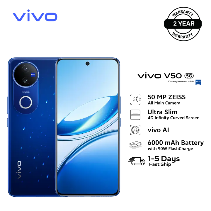 New Arrival  Brand New Smart Phone,vivo V50 5G - 6.77" - 12RAM + 512GB (Dual SIM) Zeiss optics, Battery 6000mA Fast charging 90W, Fingerprint Sensors 2YRS WRTY-  Starry Blue Official Store