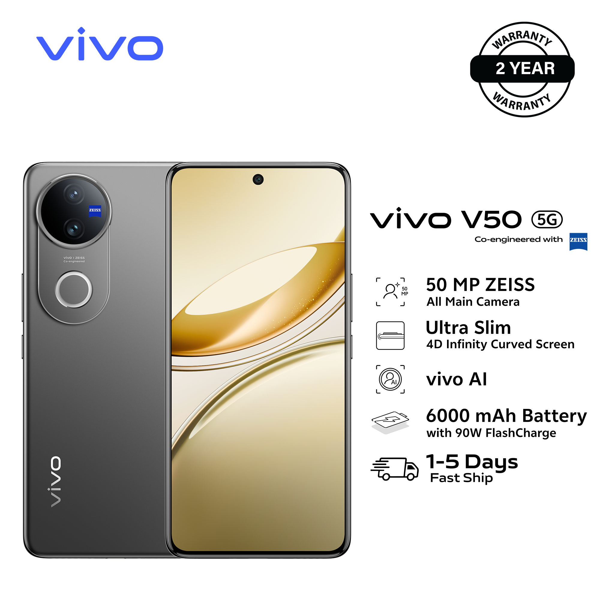 New Arrival  Brand New Smart Phone,vivo V50 5G - 6.77" - 12RAM + 512GB (Dual SIM) Zeiss optics, Battery 6000mA Fast charging 90W, Fingerprint Sensors 2YRS WRTY-  Satin Black Official Store