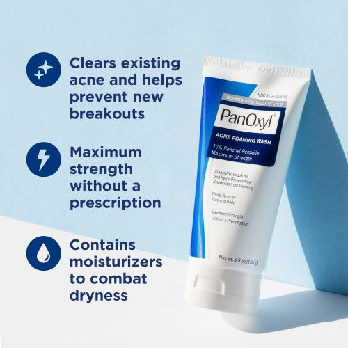 PanOxyl Acne Foaming Wash Benzoyl Peroxide 10% Maximum Strength Antimicrobial Clears existing acne blemishes clear glowing skin