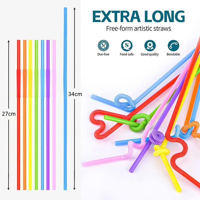 100PCS Flexible Plastic Straws, Colorful Disposable Bendable Party Fancy Extra Long Straws Party Decorations Cocktail Curly  Curly Disposable Drinking Wedding Birthday Party bar Accessories Straws