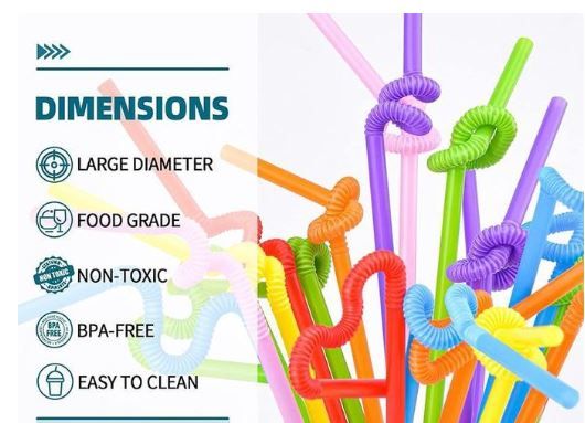 100PCS Flexible Plastic Straws, Colorful Disposable Bendable Party Fancy Extra Long Straws Party Decorations Cocktail Curly  Curly Disposable Drinking Wedding Birthday Party bar Accessories Straws