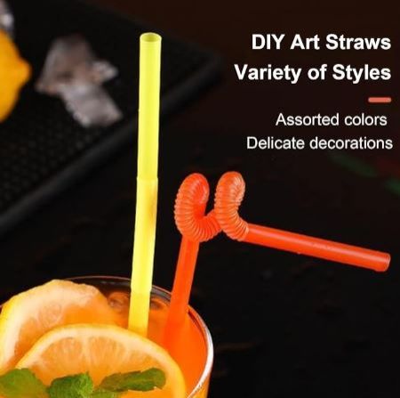 100PCS Flexible Plastic Straws, Colorful Disposable Bendable Party Fancy Extra Long Straws Party Decorations Cocktail Curly  Curly Disposable Drinking Wedding Birthday Party bar Accessories Straws