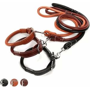 Complete Set: Premium Rolled-Up Leather Dog Collar & Leash with Strong Buckle, Adjustable Fit & Comfortable Grip for All Dog Sizes