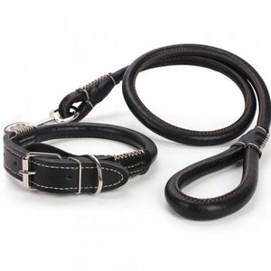 Complete Set: Premium Rolled-Up Leather Dog Collar & Leash with Strong Buckle, Adjustable Fit & Comfortable Grip for All Dog Sizes