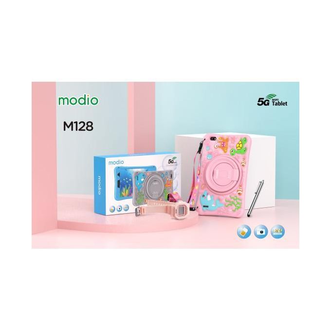Modio NEW M128 Kids Study Tablet, with Free Wireless Headphones8-Inch HD Display, 6GB RAM + 256GB ROM, 4000mAh Battery, 5G SIM Card Slot, WiFi & Mobile Data Support, Silicone Protective Cover,