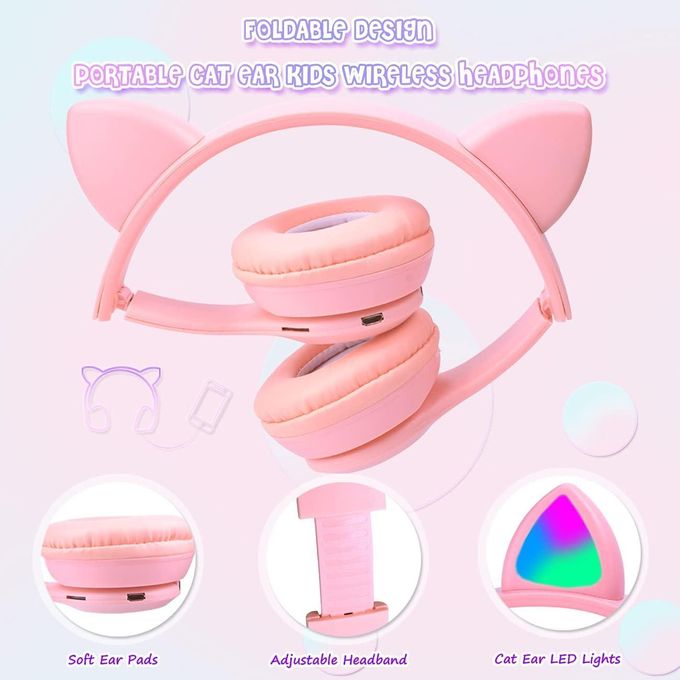 Fancy Cat Ear Wireless Bluetooth Headphones for Kids, Cute LED Light Up Design, Sports & Leisure Headset, Stereo Sound, Adjustable Over-Ear Earphones, Perfect Gift for Children