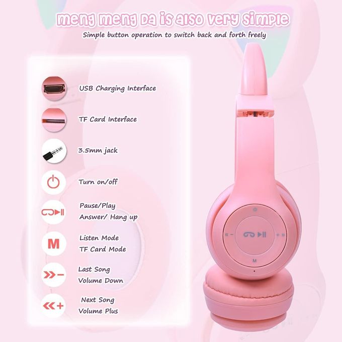 Fancy Cat Ear Wireless Bluetooth Headphones for Kids, Cute LED Light Up Design, Sports & Leisure Headset, Stereo Sound, Adjustable Over-Ear Earphones, Perfect Gift for Children