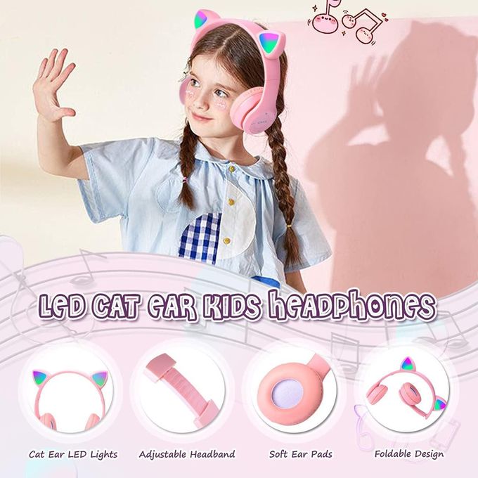 Fancy Cat Ear Wireless Bluetooth Headphones for Kids, Cute LED Light Up Design, Sports & Leisure Headset, Stereo Sound, Adjustable Over-Ear Earphones, Perfect Gift for Children