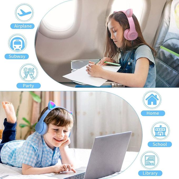 Fancy Cat Ear Wireless Bluetooth Headphones for Kids, Cute LED Light Up Design, Sports & Leisure Headset, Stereo Sound, Adjustable Over-Ear Earphones, Perfect Gift for Children