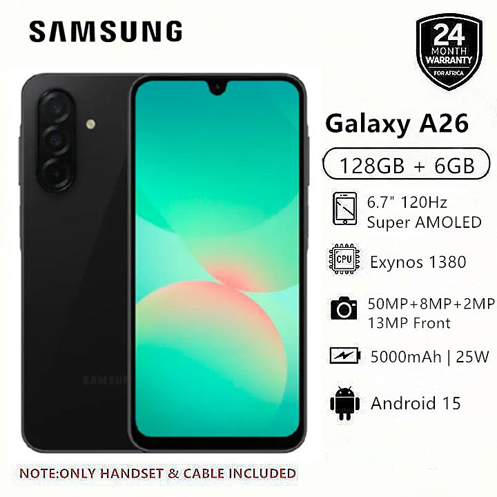 New Arrival Samsung Galaxy A26 5G 128GB+6GB 6.7" 120Hz AMOLED Display 50MP Triple Camera Android 15 Exynos 1380 (5nm) IP67 Dust Water Resistant 5000mAh 25W Type-C Charge Smart Phones phone Black,128GB+6GB