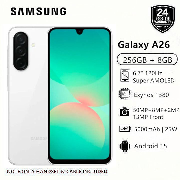New Arrival Samsung Galaxy A26 5G 256GB+8GB 6.7" 120Hz AMOLED Display 50MP Triple Camera Android 15 Exynos 1380 (5nm) IP67 Dust Water Resistant 5000mAh 25W Type-C Charge Smart Phones phone