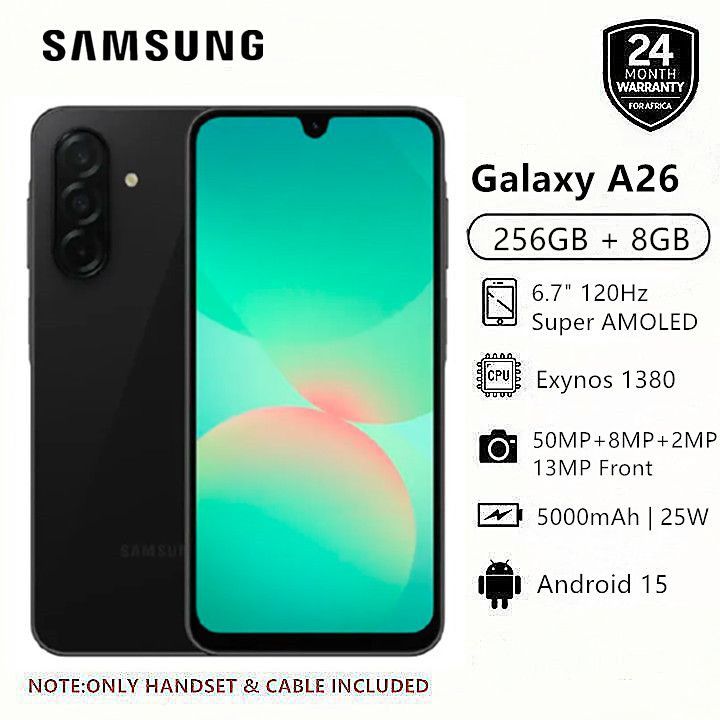 New Arrival Samsung Galaxy A26 5G 256GB+8GB 6.7" 120Hz AMOLED Display 50MP Triple Camera Android 15 Exynos 1380 (5nm) IP67 Dust Water Resistant 5000mAh 25W Type-C Charge Smart Phones phone