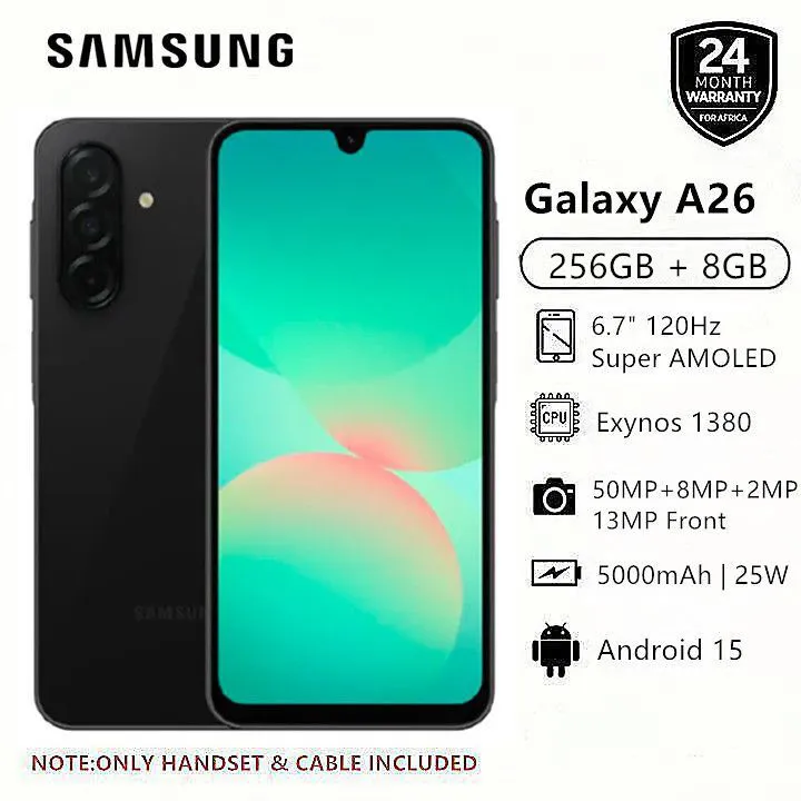 New Arrival Samsung Galaxy A26 5G 256GB+8GB 6.7" 120Hz AMOLED Display 50MP Triple Camera Android 15 Exynos 1380 (5nm) IP67 Dust Water Resistant 5000mAh 25W Type-C Charge Smart Phones phone