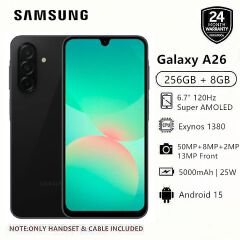 [Clearance Sale] Brand New Samsung Galaxy A26 5G 256GB+8GB 6.7" 120Hz AMOLED Display 50MP Triple Camera Android 15 Exynos 1380 (5nm) IP67 Dust Water Resistant 5000mAh 25W Type-C Smart Phones phone