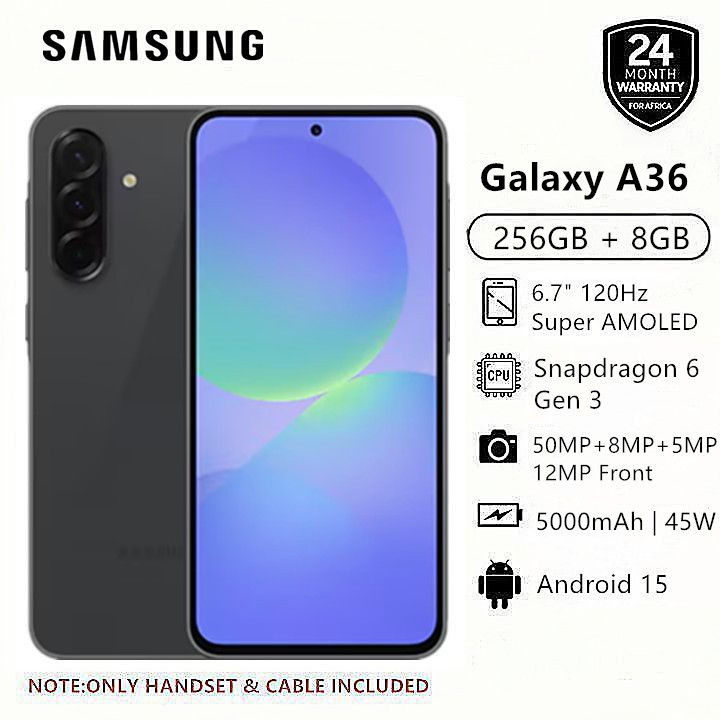 New Arrival Samsung Galaxy A36 5G 256GB+8GB 6.7" 120Hz AMOLED Display 50MP Triple Camera Android 15 Snapdragon 6 Gen 3 45W 5000mAh IP67 Dust Water Resistant Type-C Charge Smart Phones phone