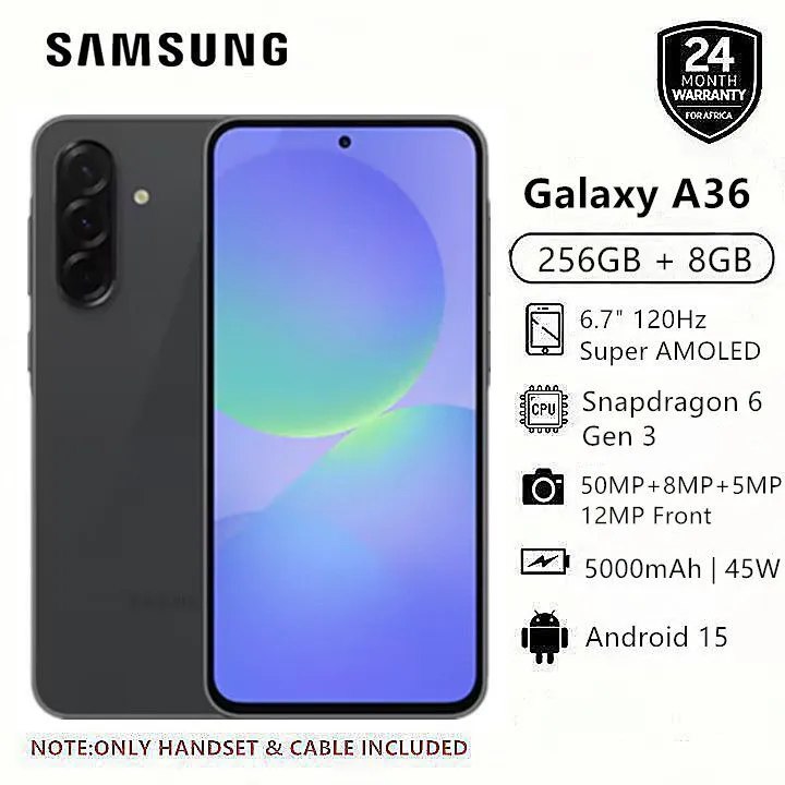 New Arrival Samsung Galaxy A36 5G 256GB+8GB 6.7" 120Hz AMOLED Display 50MP Triple Camera Android 15 Snapdragon 6 Gen 3 45W 5000mAh IP67 Dust Water Resistant Type-C Charge Smart Phones phone