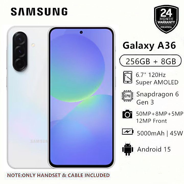 New Arrival Samsung Galaxy A36 5G 256GB+8GB 6.7" 120Hz AMOLED Display 50MP Triple Camera Android 15 Snapdragon 6 Gen 3 45W 5000mAh IP67 Dust Water Resistant Type-C Charge Smart Phones phone