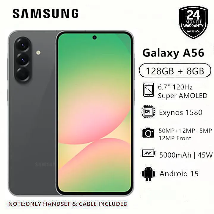 New Arrival Samsung Galaxy A56 5G 128GB+8GB 6.7" 120Hz AMOLED Display 50MP Triple Camera Android 15 Exynos 1580 (4nm) 45W 5000mAh IP67 Dust Water Resistant Type-C Charge Smart Phones phone