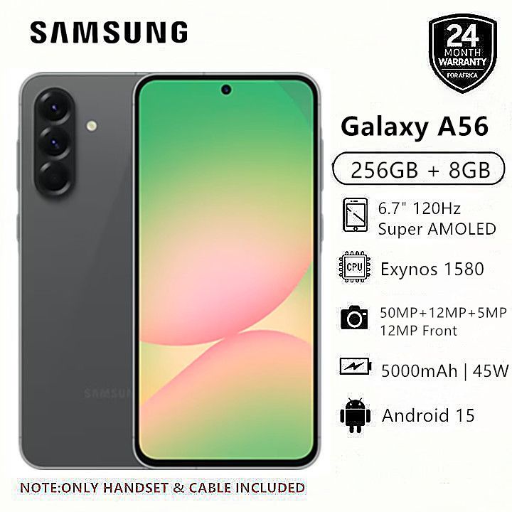 New Arrival Samsung Galaxy A56 5G 256GB+8GB 6.7" 120Hz AMOLED Display 50MP Triple Camera Android 15 Exynos 1580 (4nm) 45W 5000mAh 7.4mm UltraI Slim IP67 Dust Water Resistant Smart Phones