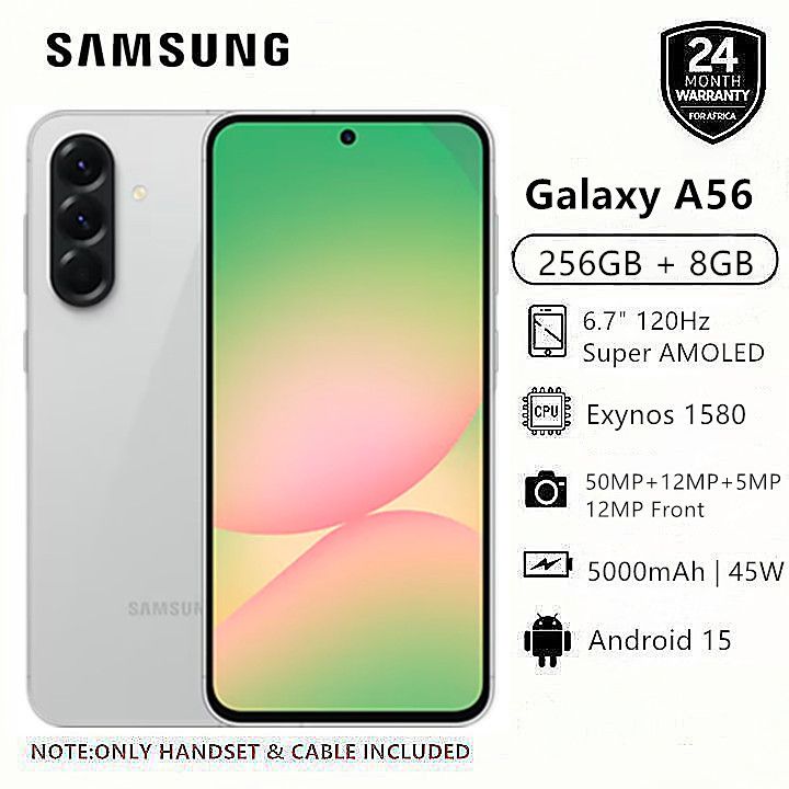 New Arrival Samsung Galaxy A56 5G 256GB+8GB 6.7" 120Hz AMOLED Display 50MP Triple Camera Android 15 Exynos 1580 (4nm) 45W 5000mAh 7.4mm UltraI Slim IP67 Dust Water Resistant Smart Phones