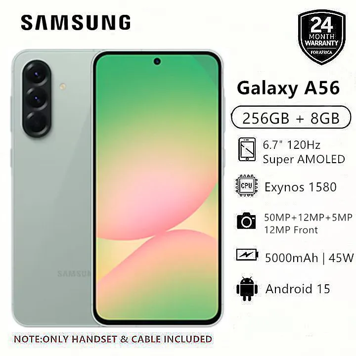New Arrival Samsung Galaxy A56 5G 256GB+8GB 6.7" 120Hz AMOLED Display 50MP Triple Camera Android 15 Exynos 1580 (4nm) 45W 5000mAh 7.4mm UltraI Slim IP67 Dust Water Resistant Smart Phones