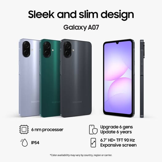 Samsung Galaxy A07 128GB+4GB 6.7" 90Hz 50MP Dual Camera MTK Helio G99 5000mAh 25W Type-C Charge Android 15 Smart Phones IP54 Waterproof Side Fingerprint phone