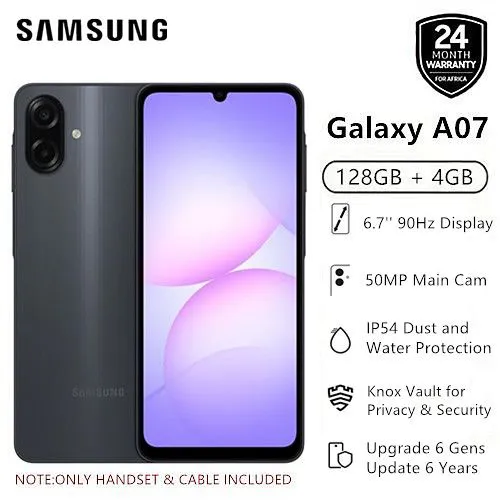 [Limited Offer] New Arrival Samsung Galaxy A07 128GB+4GB 6.7" 90Hz 50MP Dual Camera MTK Helio G99 5000mAh 25W Type-C Charge Android 15 Smart Phones IP54 Waterproof Side Fingerprint phone