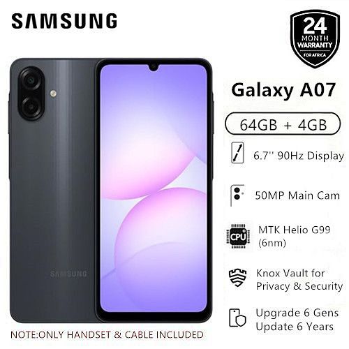New Arrival Samsung Galaxy A07 64GB+4GB MTK Helio G99 6.7" 90Hz 50MP Dual Camera 5000mAh 25W Type-C Charge Android 15 7.6mm Thickness Smart Phones IP54 Waterproof Side Fingerprint phone
