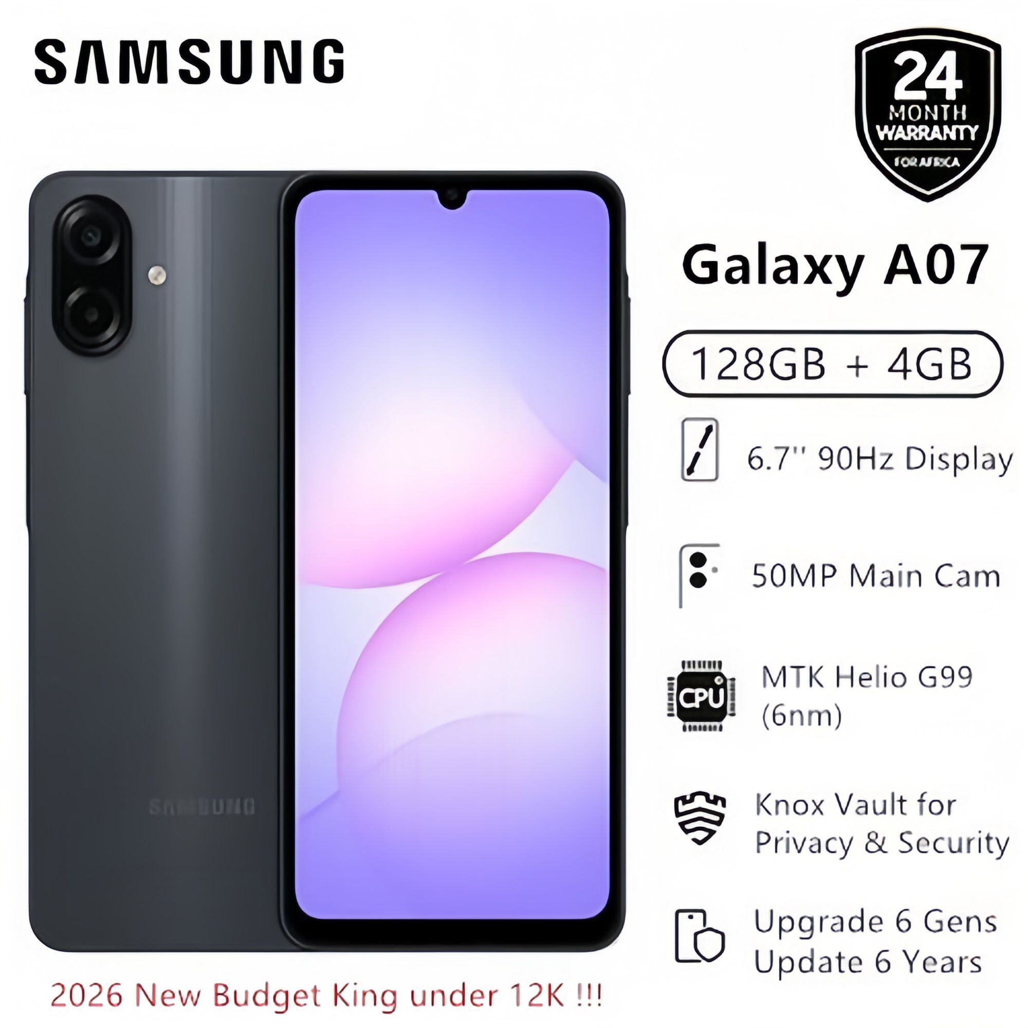 [New Year Sale] New Arrival Samsung Galaxy A07 128GB+4GB MTK Helio G99 6.7" 90Hz 50MP Dual Camera 5000mAh 25W Type-C Charge Android 15 Smart Phones IP54 Waterproof Side Fingerprint phone