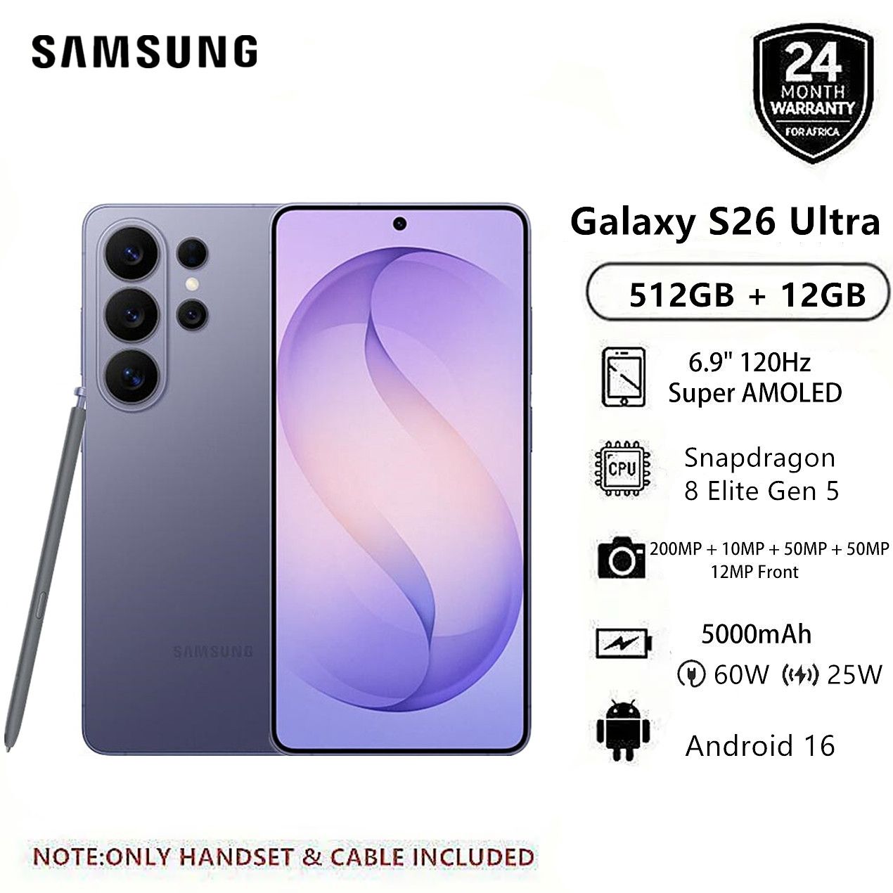 New Arrival Samsung Galaxy S26 Ultra 5G 512GB + 12GB 6.9" 120Hz Dynamic LTPO AMOLED 2X Privacy Secure Display 200MP Quad Camera Snapdragon 8 Elite Gen 5 60W 5000mAh IP68 Android 16 AI Smart Phone