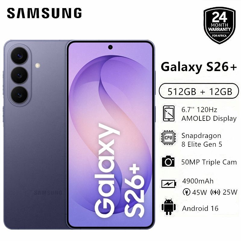 New Arrival Samsung Galaxy S26+ 5G 512GB + 12GB 6.7" 120Hz Dynamic LTPO AMOLED 2X Privacy Secure Display 50MP Snapdragon 8 Elite Gen 5 45W 4900mAh IP68 Android 16 S26 Plus AI Smart Phone