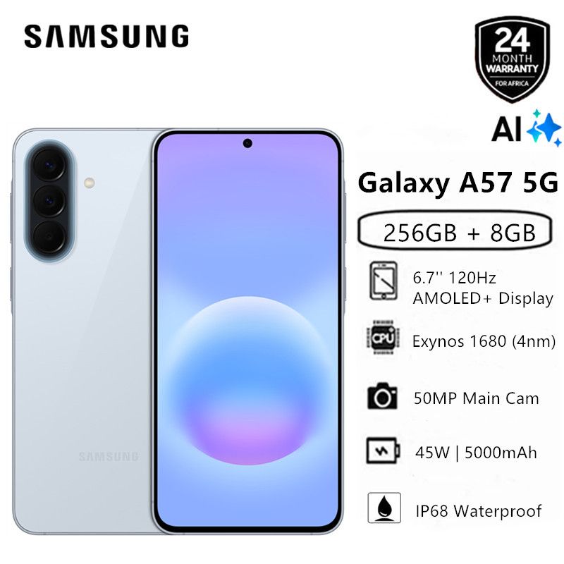 New Arrival Samsung Galaxy A57 5G AI phone 256GB+8GB 6.7" 120Hz AMOLED Exynos 1680 (4nm) 50MP Triple Camera Android 16 45W 5000mAh IP68 Dust Water Resistant Type-C Charge Smart Phones